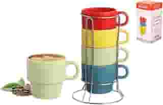 Jogo 4 Xicaras Chá Porcelana 180ml Com Suporte Inox Colorida