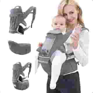 AIEBAO Bolsa Canguru, Ergonômica, 12 Posições, 3 Em 1, 3 Bolsos Externos, Bebês 0 a 36 Meses, Capacidade 0 a 36 quilos, Poliéster Algodão e Isopor. (Cinza)