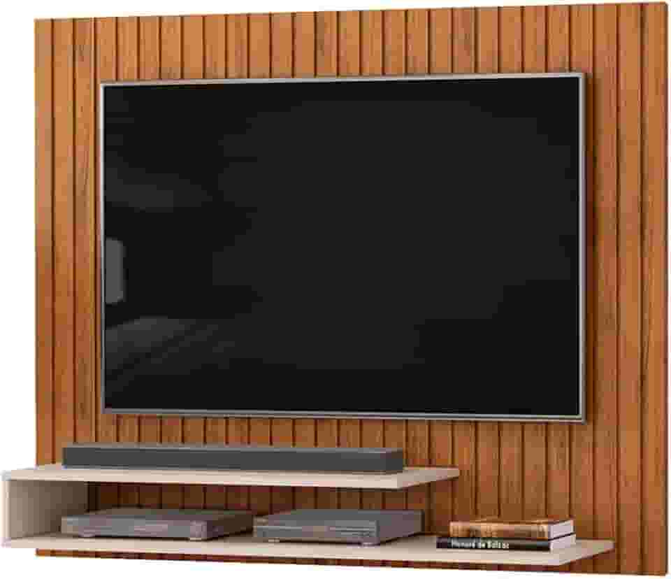 Painel Para TV Até 55 Polegadas Detalhe Frisado Com Prateleiras Hope Madeirado/Off White