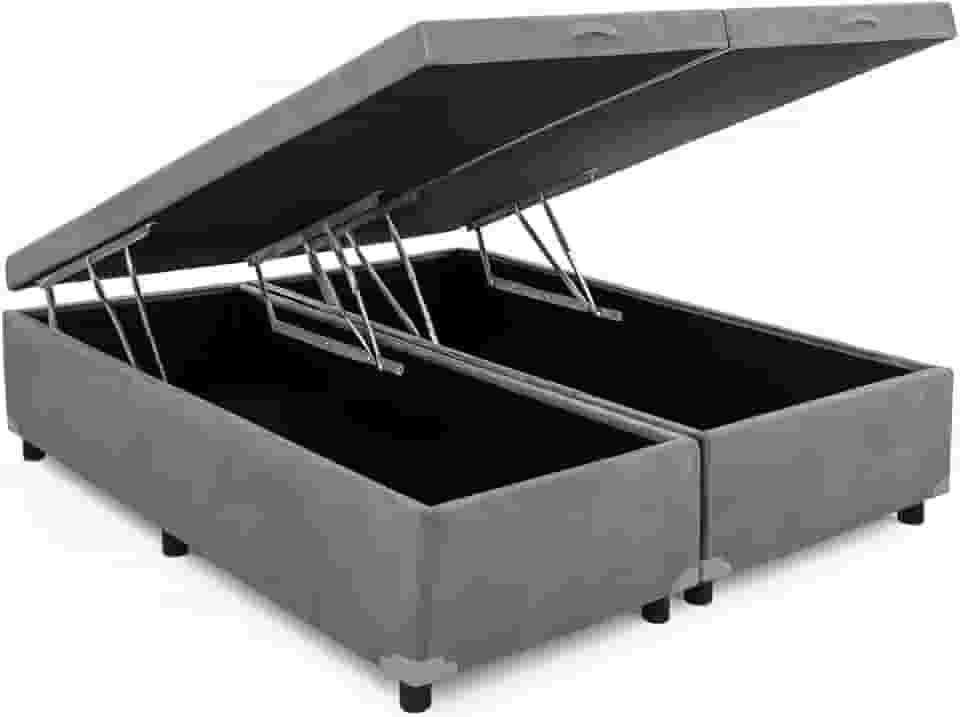 Cama Box Baú Queen Bipartido 79, Blindado, Pistão á Gás, Pés de Madeira (Suede, Cinza)