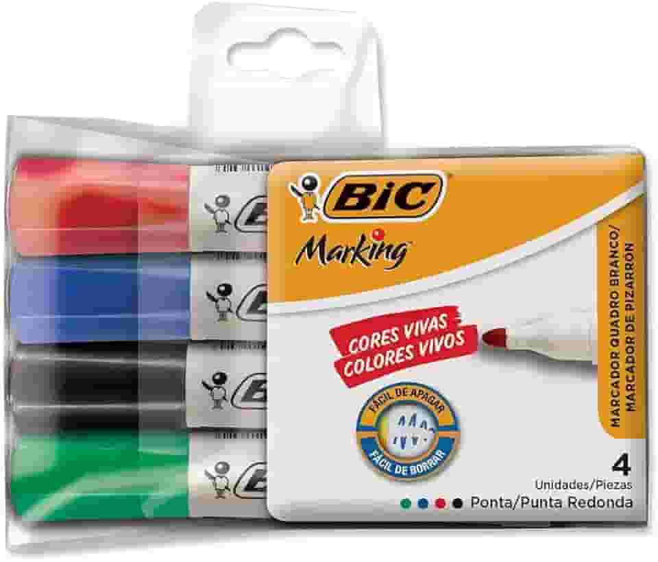 Pincel Marcador de Quadro Branco BIC Marking, Recarregável, 4 Cores Clássicas, Ponta Redonda, 891683