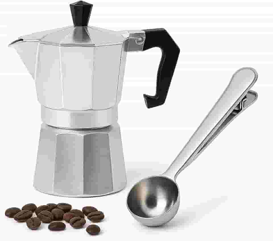 Kit Cafeteira Italiana Moka Alumínio 300ml com Colher Medidora Inox com Prendedor Ideal para Café Encorpado Preparo no Fogão Cozinha Prática Viagem ou Presente Criativo