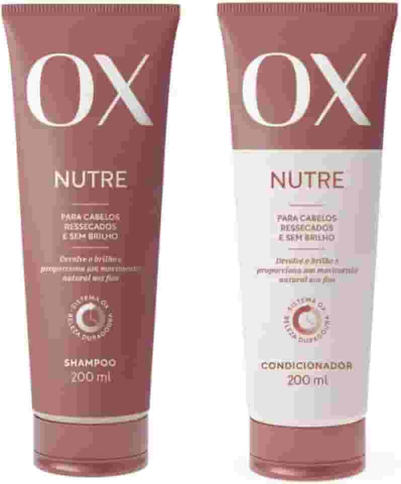 Kit Shampoo e Condicionador OX Nutre Para Cabelos Ressecados e Sem Brilho, Sistema de Beleza Duradoura, 200ml, Devolve o Brilho e Proporciona um Movimento Natural aos Fios