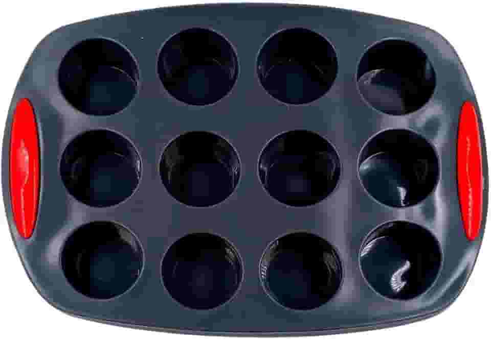 Forma de Silicone para Mini Bolo, Cupcake e Muffin, Preta, 12 Cavidades, Bandeja de Assadeira com Dimensões 20x30cm