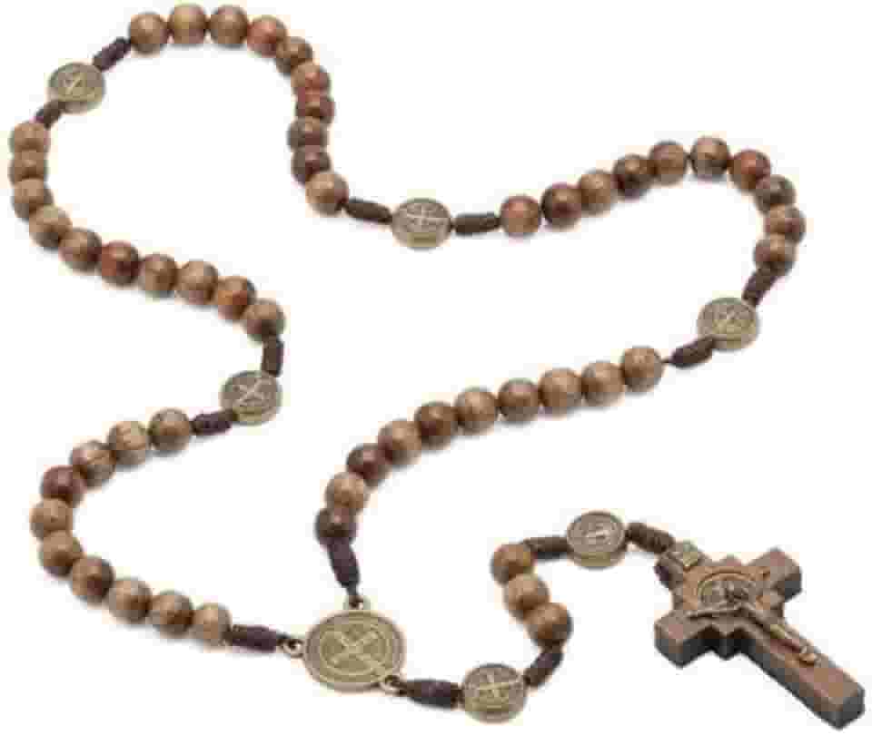 Terço Cordão São Bento 8 mm Madeira Imbuia Marrom Ouro Velho Adulto Unissex