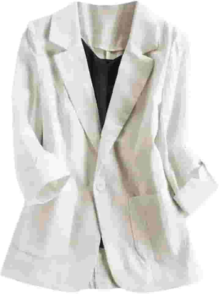 Blazer feminino casual de algodão e linho manga 3/4 curta cropped OL Work Blazer, Bege, 2XL