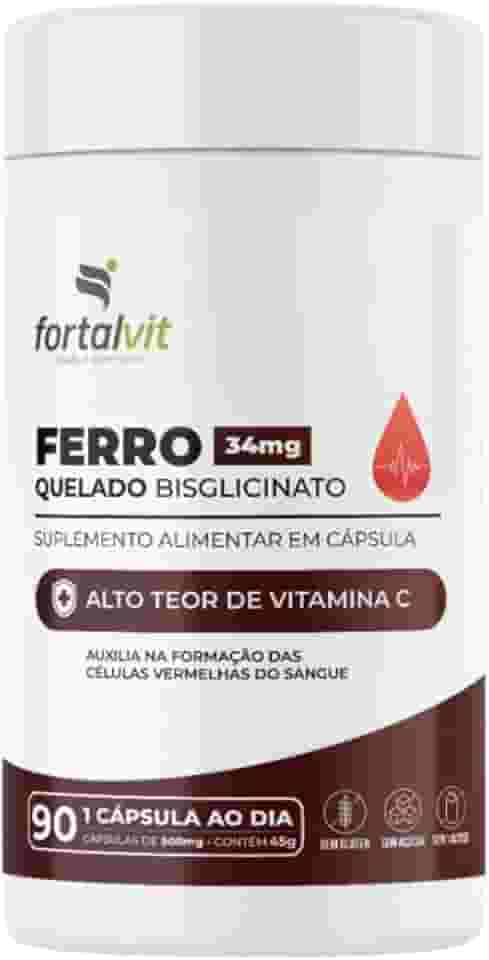 Ferro Quelado Bisglicinato 34mg, 90 Cápsulas, Alto Teor de Vitamina C, Fortalvit