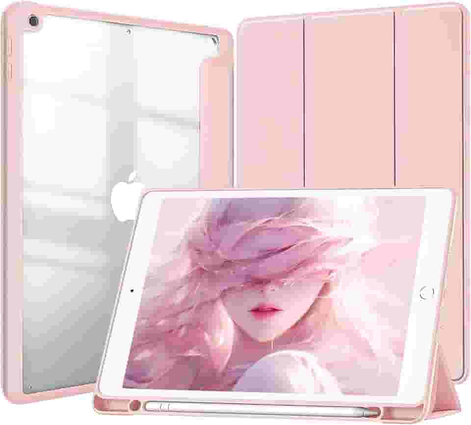 Capa para iPad 10.2 polegadas 9ª e 8ª e 7ª Geração 2021 e 2020 e 2019. Capinha iPad 10,2 Protetora Fina Capa Traseira Transparente Proteção com Suporte para Lápis - Rosa