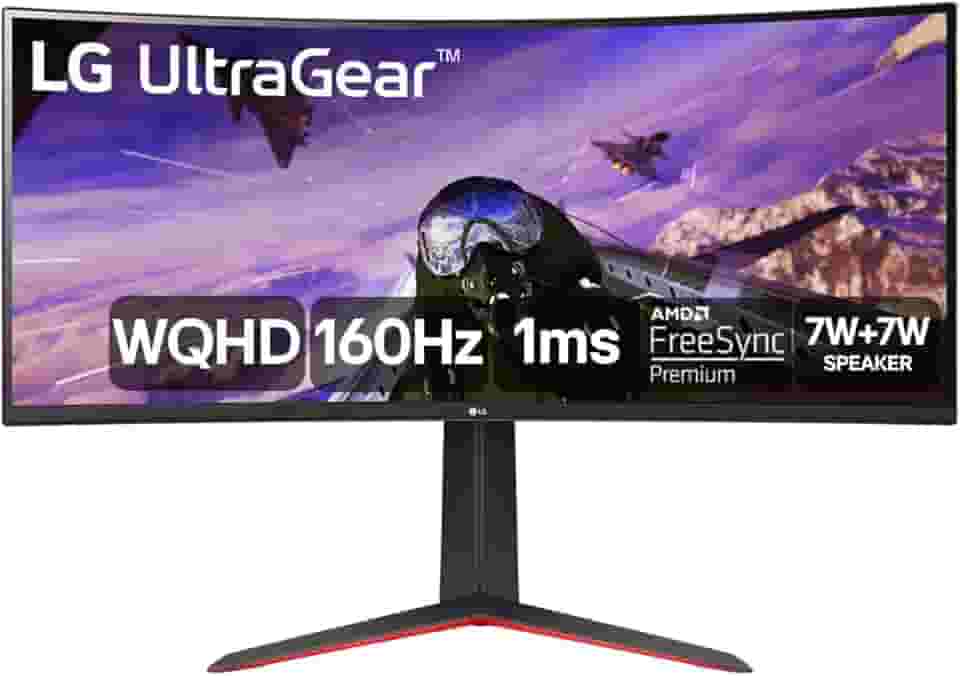 Monitor GamerLG UltragearCurvo –Tela VAde 34”, 2K WQHD 3440 x 1440, UltraWide™ (formato 21:9), 160Hz, 1ms (MBR), AMD FreeSyncPremium –34GP63A-B