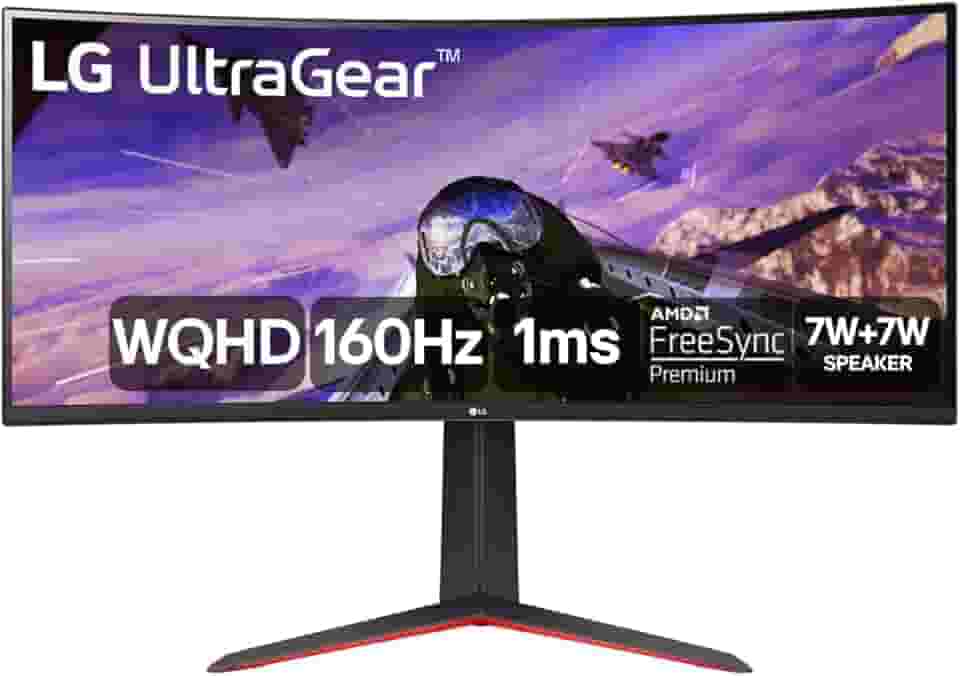 Monitor GamerLG UltragearCurvo –Tela VAde 34”, 2K WQHD 3440 x 1440, UltraWide™ (formato 21:9), 160Hz, 1ms (MBR), AMD FreeSyncPremium –34GP63A-B