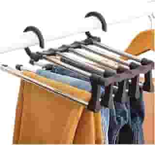 Cabide Para Calças Inteligente 5 em 1 Inox Articulável - Economiza 80% do Espaço do Guarda-Roupa – Suspensão Horizontal ou Vertical, Ultra Resistente, Organização Para Calças, Jeans, Toalhas & Lenços