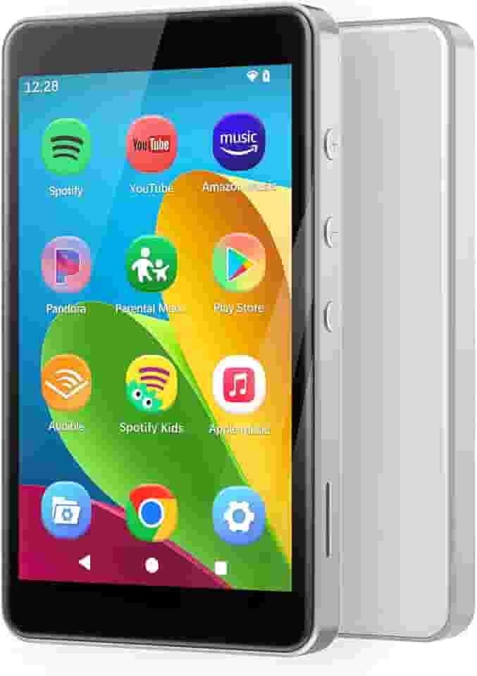 Leitor MP3 com Spotify para crianças, leitor MP4 com Android 14 e loja de aplicações, controlo parental, audiível, leitor de música de 4,0", inclui auriculares e cartão de memória