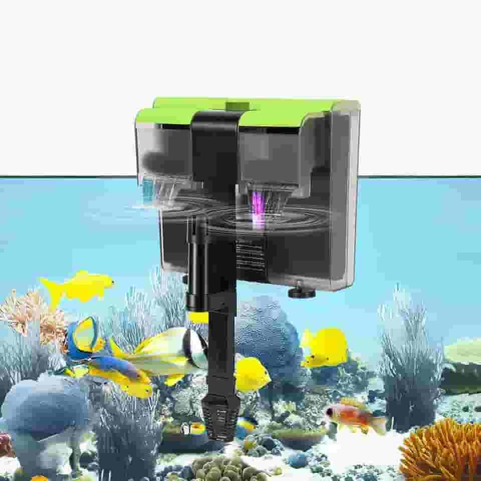 Filtro Duplo Suspenso para Aquário com 2 Placas Filtrantes de Carvão Ativado e 2 Esponjas Filtrantes, com Função de Esterilização por UV, com Fluxo Ajustável de 650 Litros por Hora, 220V