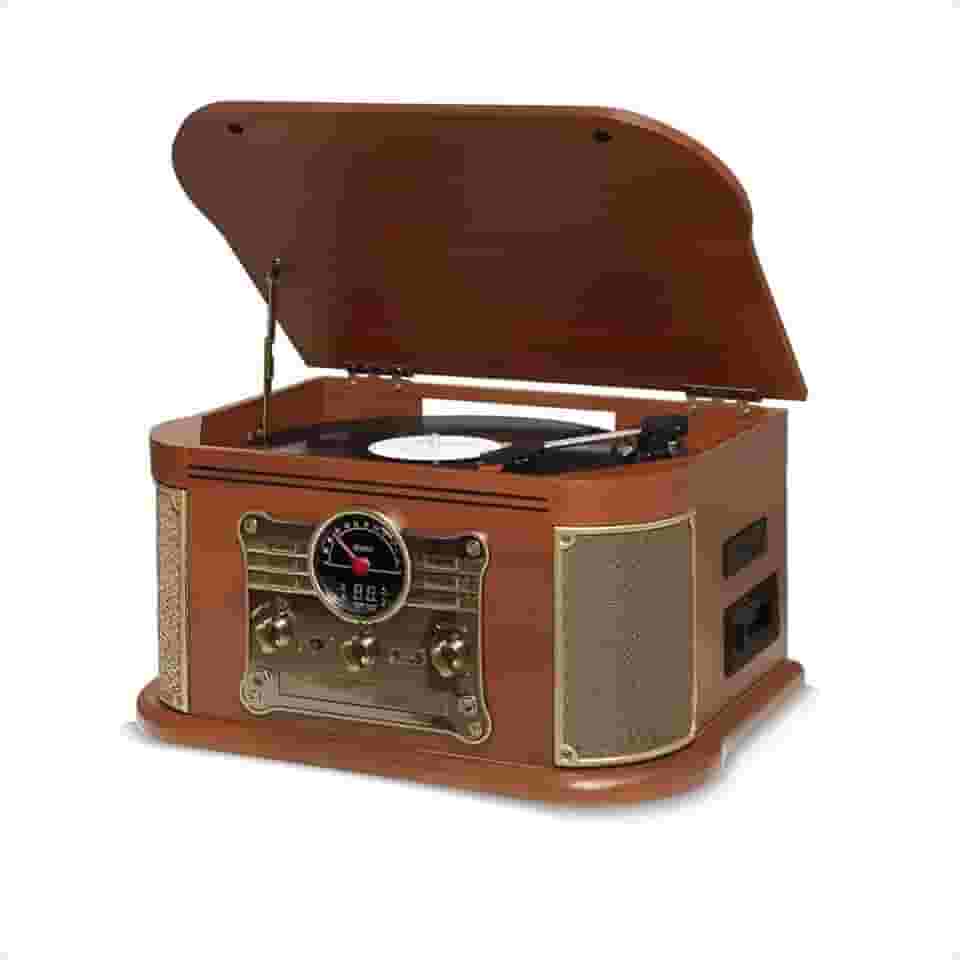 Raveo Vitrola Spazio com Toca-discos de 3 velocidades, Rádio FM, CD e Cassete players, USB e SD (reproduzem e gravam), entrada e saída auxiliares e tecnologia de conexão Bluetooth., Grande