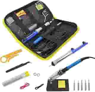 Kit de Solda Elétrica Profissional, 60W 220V, 14 Peças, Soldagem para Componentes Eletrônicos, Suporte, Sugador, Estanho e Acessórios em Estojo