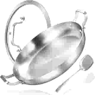 Inqibee Panela de Paella de Aço Inoxidável de 30,5 cm com Tampa, Frigideira, Omelete, Resistente, Lavável na Lava-Louças e no Forno
