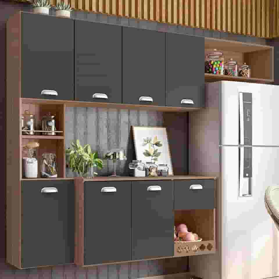 Armario Cozinha Suspensa 7 Portas e 1 Gaveta Mila Carvalho/grafite