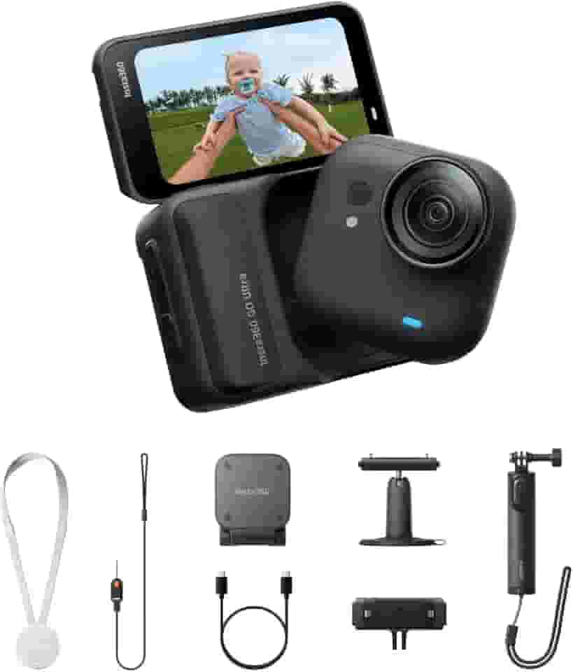 Insta360 GO Ultra Creator Bundle Midnight Black - Câmera minúscula de mãos livres 4K, leve e portátil, excelência em pouca luz, montagem em qualquer lugar, estabilização FlowState, vida útil da