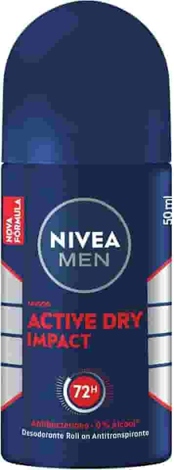 NIVEA MEN Desodorante Antitranspirante Roll On Dry Impact 50ml - Proteção prolongada de 72h, dupla proteção antitranspirante, proteção extra seca, sem alumínio, corantes e conservantes