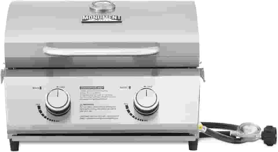 Monument Grills Churrasqueira a gás propano de mesa para acampamento portátil ao ar livre com fechaduras de viagem, tampa alta de aço inoxidável e termômetro embutido