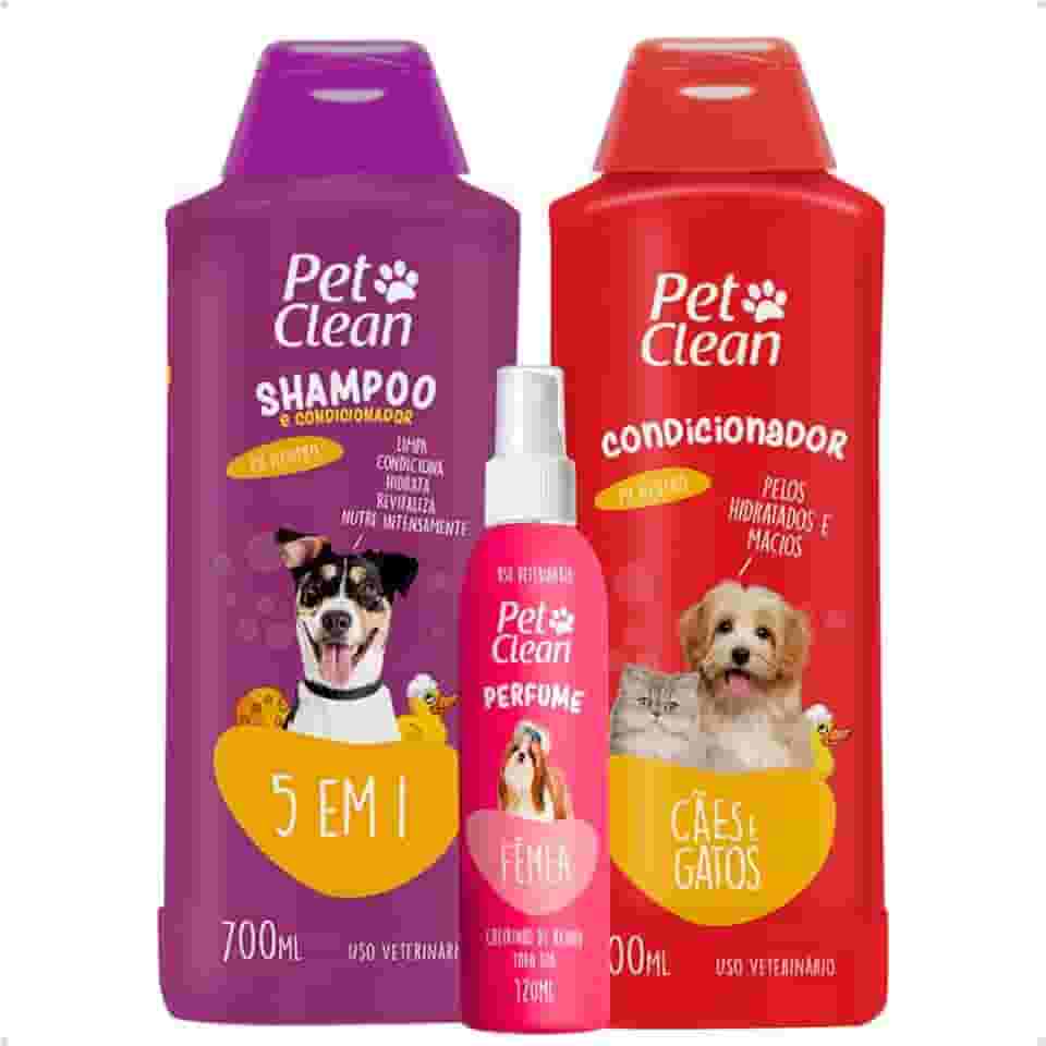 Kit Banho e Tosa Pet Shop Shampoo 5 Em 1 700ml + Creme Condicionador 700ml + Perfume 120ml Cães E Gatos Pet Clean - Fêmea