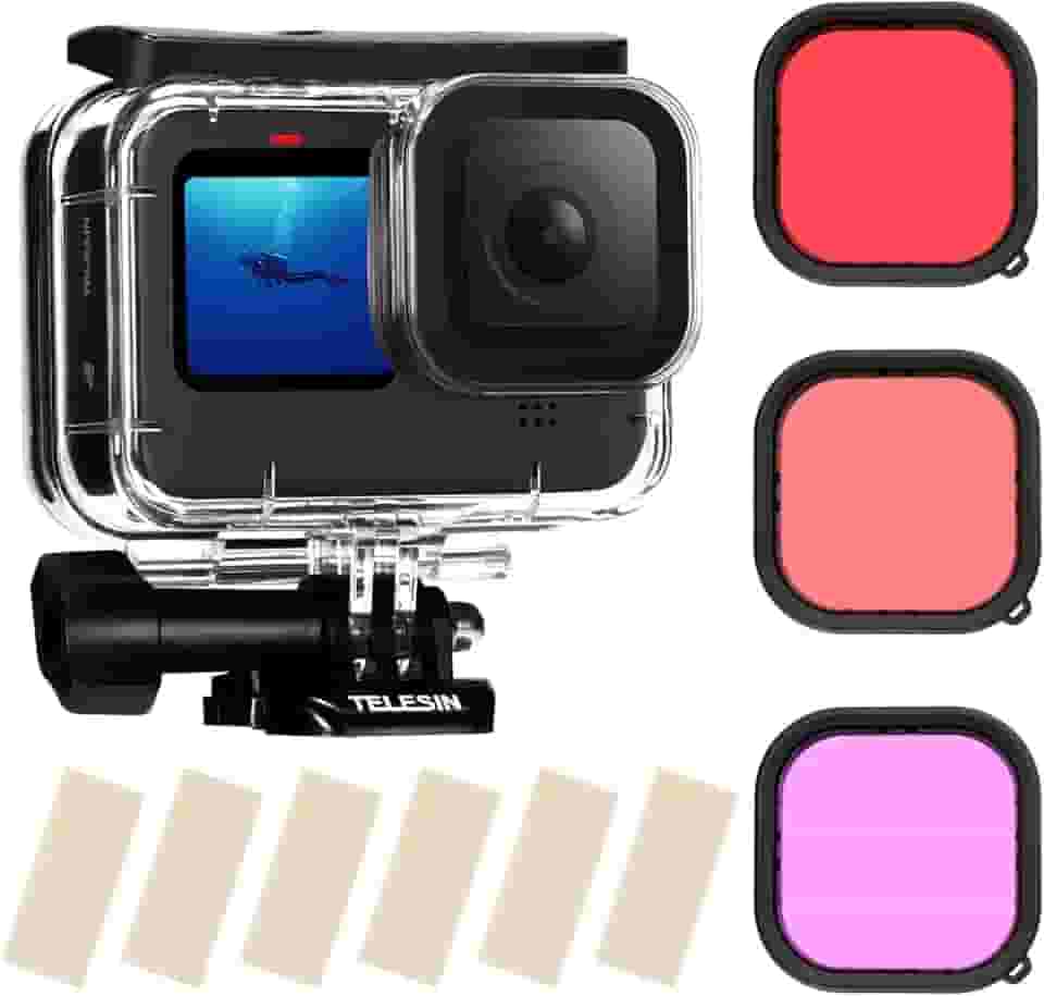 TELESIN Estojo À Prova D'Água com Filtro de Mergulho de 3 Pacotes para Gopro Hero 12 Hero 11 Hero 10 Hero 9 Preto Suporta 60M/196 Pés Mergulho Subaquático Mergulho Profundo com Filtro Magenta Vermelho