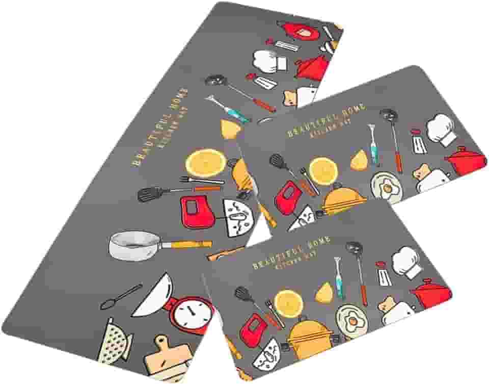 Tapete Jogo Passadeira Cozinha 3 Peças Antiderrapante Emborrachado Decoração Capacho Frutas Talheres