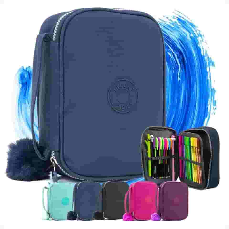 Estojo Escolar Box Grande com Divisórias – Organizador de Lápis e Canetas, Nylon Resistente, Zíper Durável, Unissex Infantil e Adulto, Necessaire Escolar, Material Escolar (AZUL MARINHO)