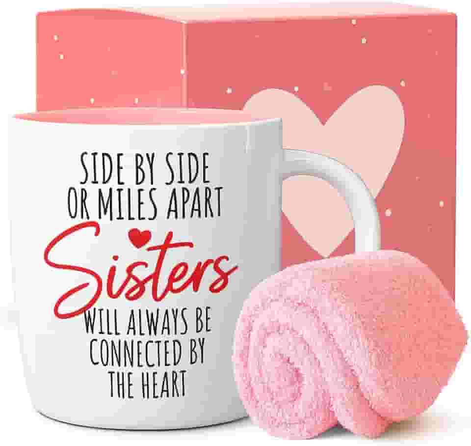 Triple Gifffted Presentes para irmãs da irmã - Caneca e meias de café Best Sister Ever - Ideia de presente para irmã no Natal, aniversário feminino, Rakhi, Dia dos Namorados, canecas do Dia das Mães, Connected By Heart