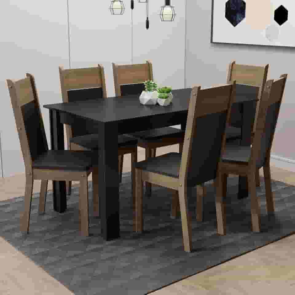 Conjunto Sala de Jantar Madesa Medelin Mesa Tampo de Madeira com 6 Cadeiras - Preto/rustic/sintpreto