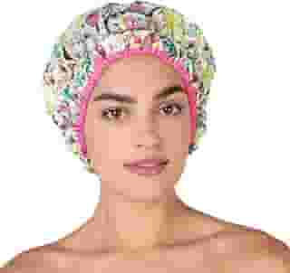 Touca de banho reutilizável, touca de banho e forrada, grande e à prova d'água, grande projetada para todos os comprimentos de cabelo, com forro de PEVA e elástico bainha elástica - Fashionista Tropical