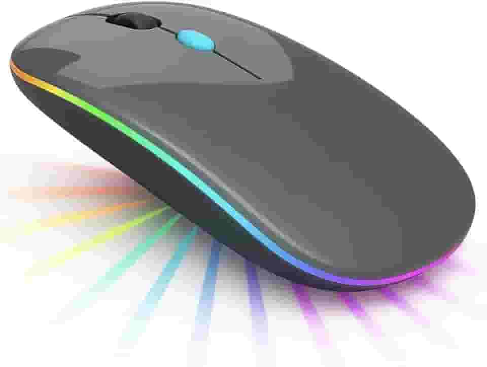 Mouse Sem Fio RGB Recarregável – Silencioso, Ergonômico, Dual Mode Bluetooth 5.0 + USB 2.4GHz e DPI Ajustável – Cinza