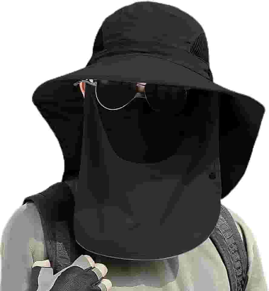 Chapéu de sol unissex ao ar livre com aba larga removível no pescoço e cobertura facial respirável para pesca, caminhada, acampamento, 1 peça