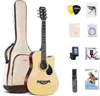 Lankro Kit iniciante de guitarra acústica de 96,5 cm para adultos Cutaway Conjunto de guitarras acústicas para iniciantes com bolsa acolchoada, alça, capo, cordas, palhetas
