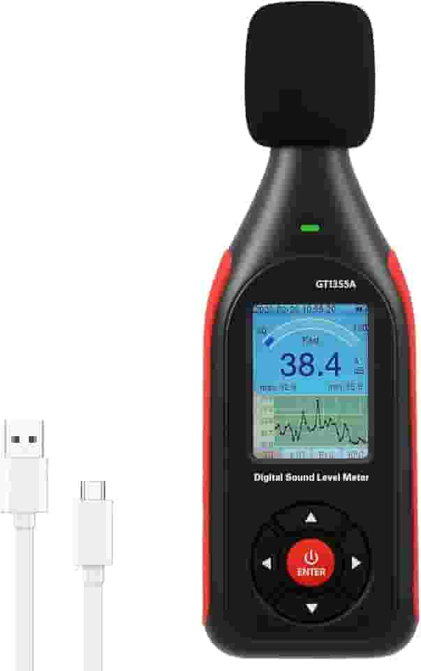 Medidor digital de decibéis 30-130dB, leitor de nível de som, alarme de 3 cores, ajustável, dispositivo de medição de volume de ruído, gravador de decibéis, 43000 dados (preto)