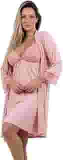 Conjunto Amamentação Feminino 4 Estações Camisola Lisa e Robe Roupão Com Renda Manga Curta
