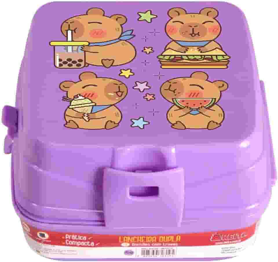 Lancheira Marmita Escolar Divertida Infantil Com 4 Divisórias Com 2 Compartimentos Cores E Desenhos (Lilás Capivara)