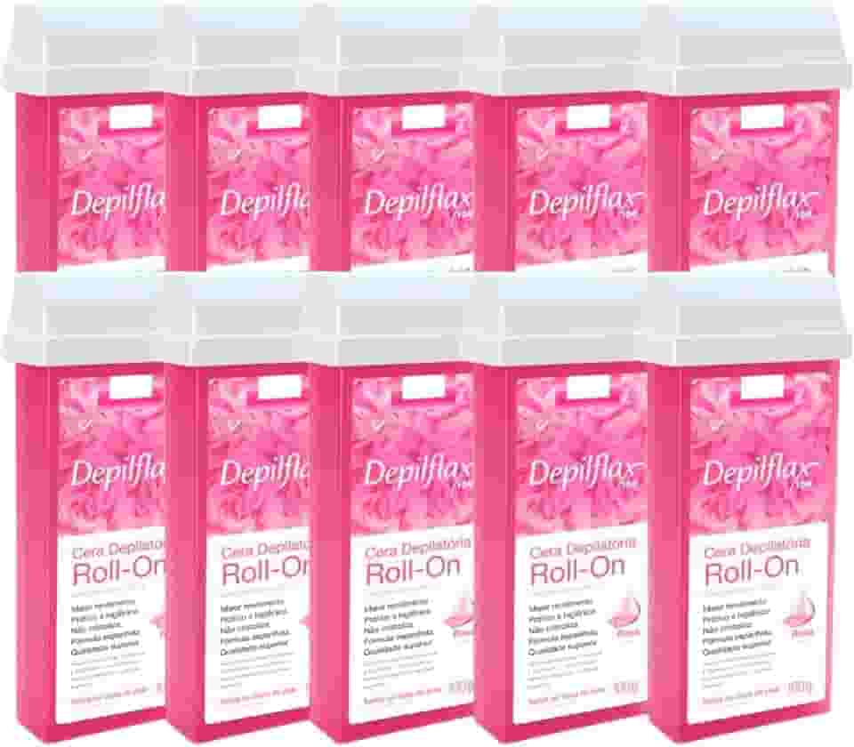 Kit 10 Refil Cera Depilatoria Corporal Profissional Depilação Roll On Depilflax Rosa 100g