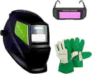 Kit Máscara de Solda Com Escurecimento Automático MSN1200 + Luva de Raspa Vaqueta Cano Curto Multiuso NEVVO + Óculos de Solda Automático