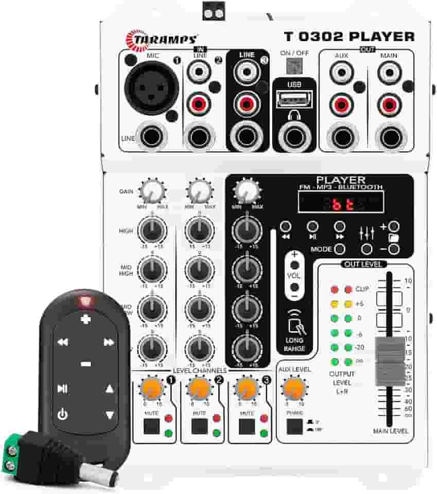 Mesa De Som Taramps T0302 Player Som Automotivo Bluetooth Equalizador 4 bandas Mp3 Usb FM Branca 12v Controle Remoto Comercial 3 entrada 2 saída XLR P10 RCA mixer caixa bob rack movel microfone violao