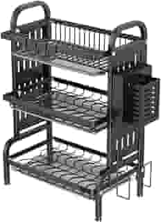 Escorredor de Louça LEUZZA Inox 3 Andares com Bandeja Coletora de Água e Base Antiderrapante Modular, Versátil e Antiferrugem Preto Porta-Pratos Talheres Copos Organização Casa e Cozinha Suspenso