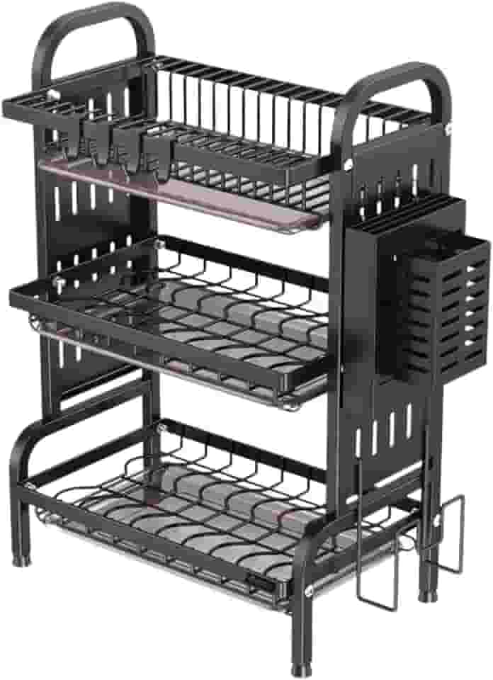 Escorredor de Louça Inox 3 Andares com Bandeja Coletora de Água e Base Antiderrapante Modular, Versátil e Antiferrugem Preto Porta-Pratos Talheres Copos Organização Casa e Cozinha Suspenso LEUZZA