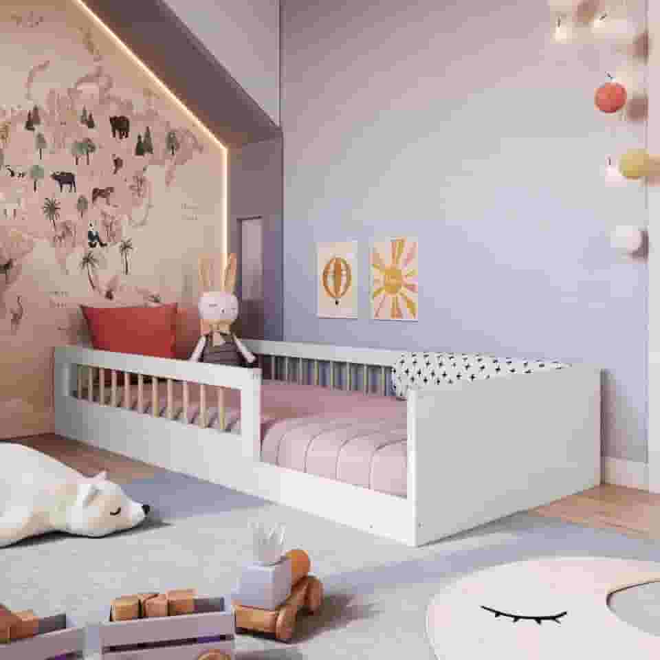 Cama Infantil de Chão Montessoriana de Solteiro para Menino e Menina com Grade de Proteção Lateral