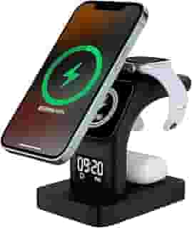 Base de Carregamento Carregador Mag-Safe 5 em 1, Carregador Indução sem Fio com Luz Noturna, Compatível com iPhone, Apple Watch e AirPods, Preto