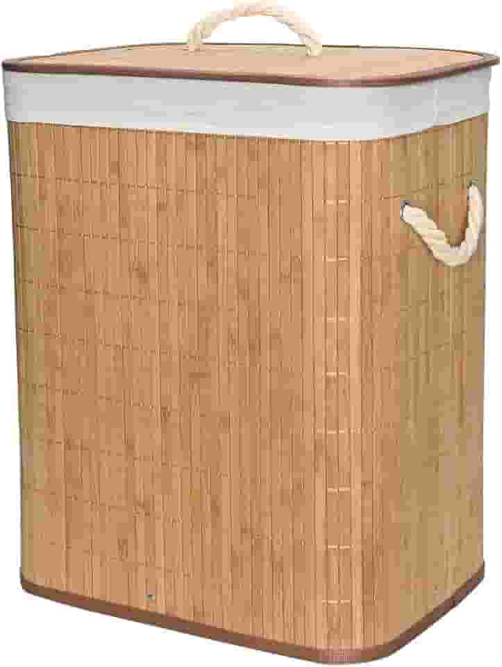 Mimo Style Cesto de Bambu Claro com Tampa para Roupas Sujas. Ideal para Lavanderia, Área de Serviço, Banheiro e Quarto. Forro Removível com Aro de Aço para Fixação, Dobrável, Alça de Corda Macia, Bege
