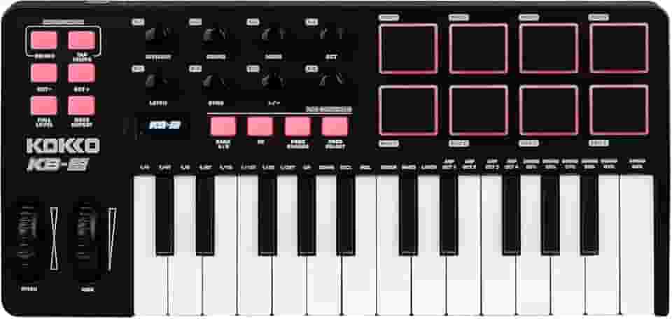 Kokko Professional Mini Teclado MIDI 25 Teclas com 8 Pads de Bateria Retroiluminados, 8 Knobs e Software de Produção Musical Incluso - Controlador USB para Home Studio e DJs