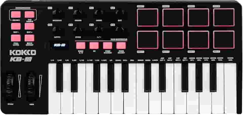 Kokko Professional Mini Teclado MIDI 25 Teclas com 8 Pads de Bateria Retroiluminados, 8 Knobs e Software de Produção Musical Incluso - Controlador USB para Home Studio e DJs