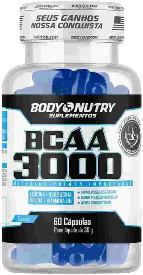 BCAA 3000 Pote 60 Cápsulas Ultra Concentrado Pós Treino ou Pré treino 3g Aminoácidos Essenciais Leucina Isoleucina Valina + Vitamina B6 Absorção Recuperação Importado Original - Body Nutry