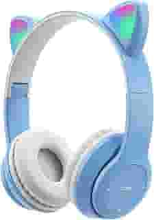 Fone de Ouvido Infantil Bluetooth com Orelhas de Gato, LED Colorido, 5 Horas de Bateria. (Azul)