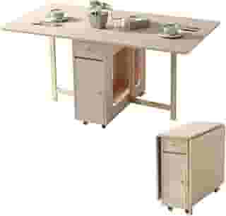 COMUHOME Mesa de jantar dobrável extensível com 2 gavetas e 4 rodas para sala de estar, cozinha, fazenda, mesa de economia de espaço na cor de madeira